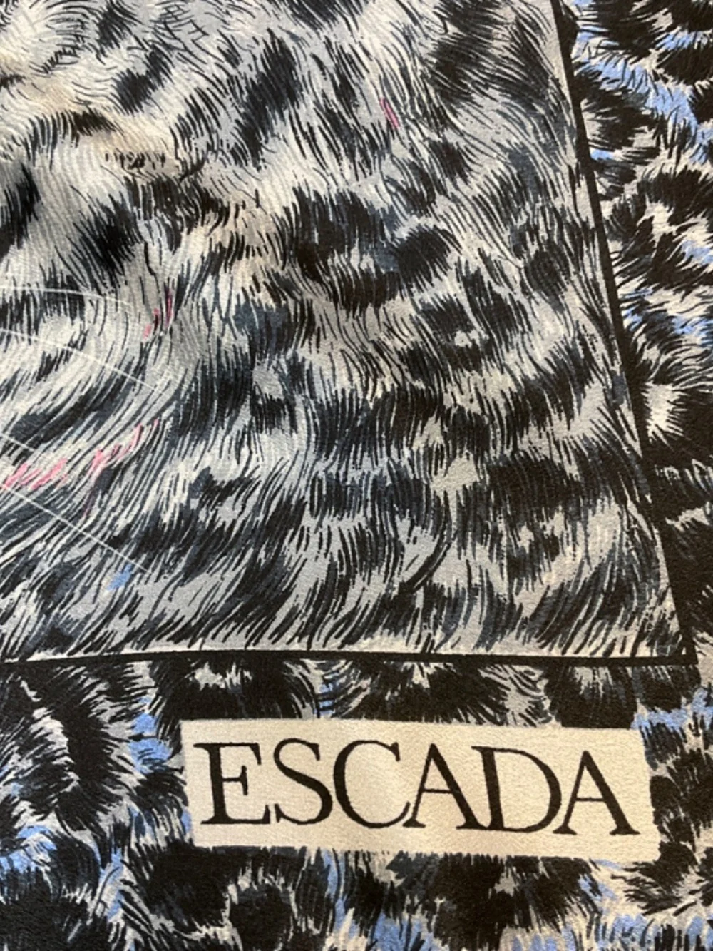 ESCADA VINTAGE BLUE / BLACK / PINK MULTI TIGER PRINT LARGE SQUARE SILK SCARF